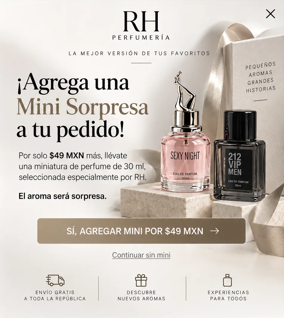 ¡Agrega una Mini Sorpresa a tu pedido! Por solo $49 MXN más, una miniatura de perfume de 30 ml elegida por RH. El aroma será sorpresa.